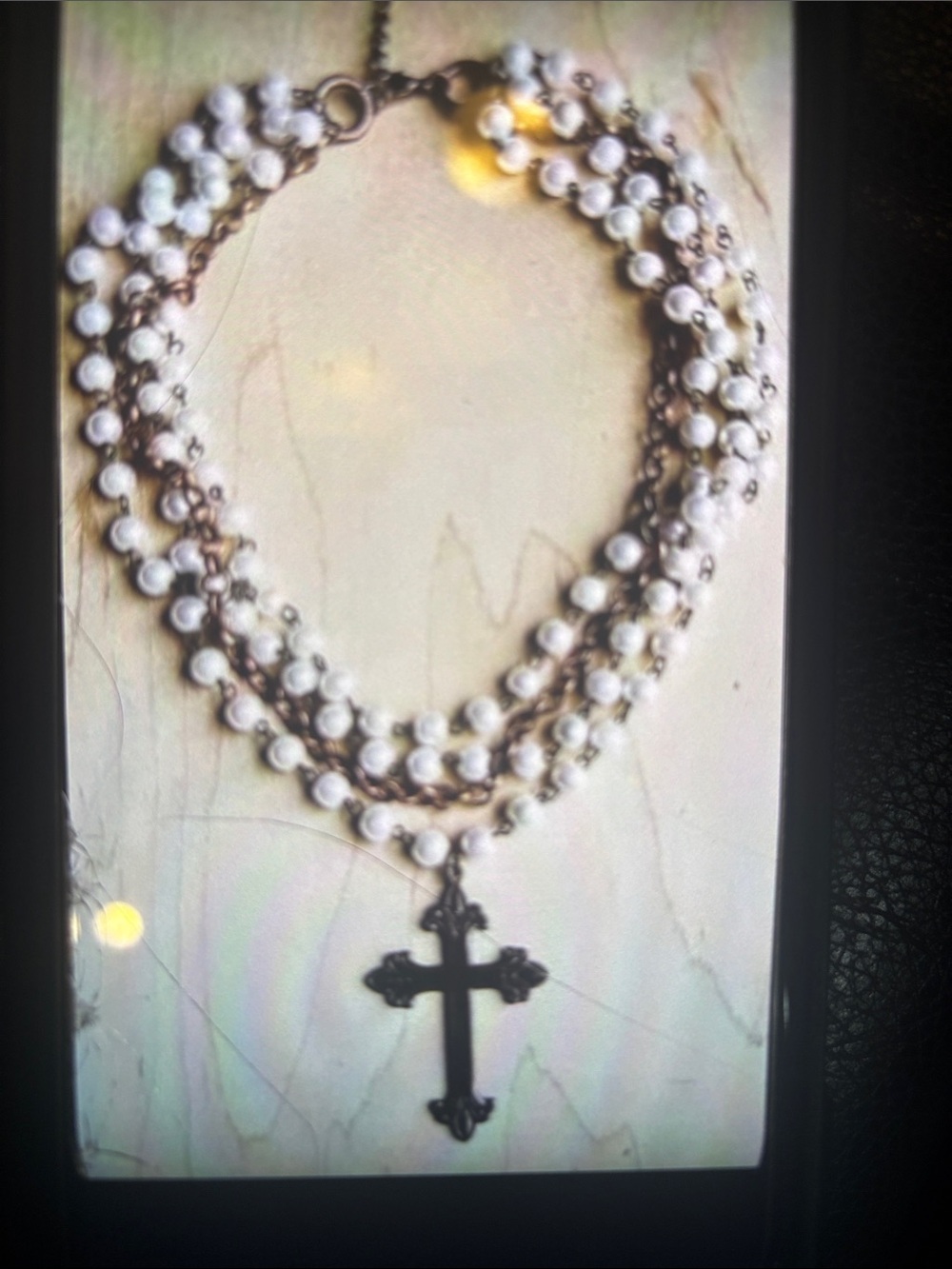 Pearl & Copper Collar-Length Necklace with Copper Cross Layered White Pearl